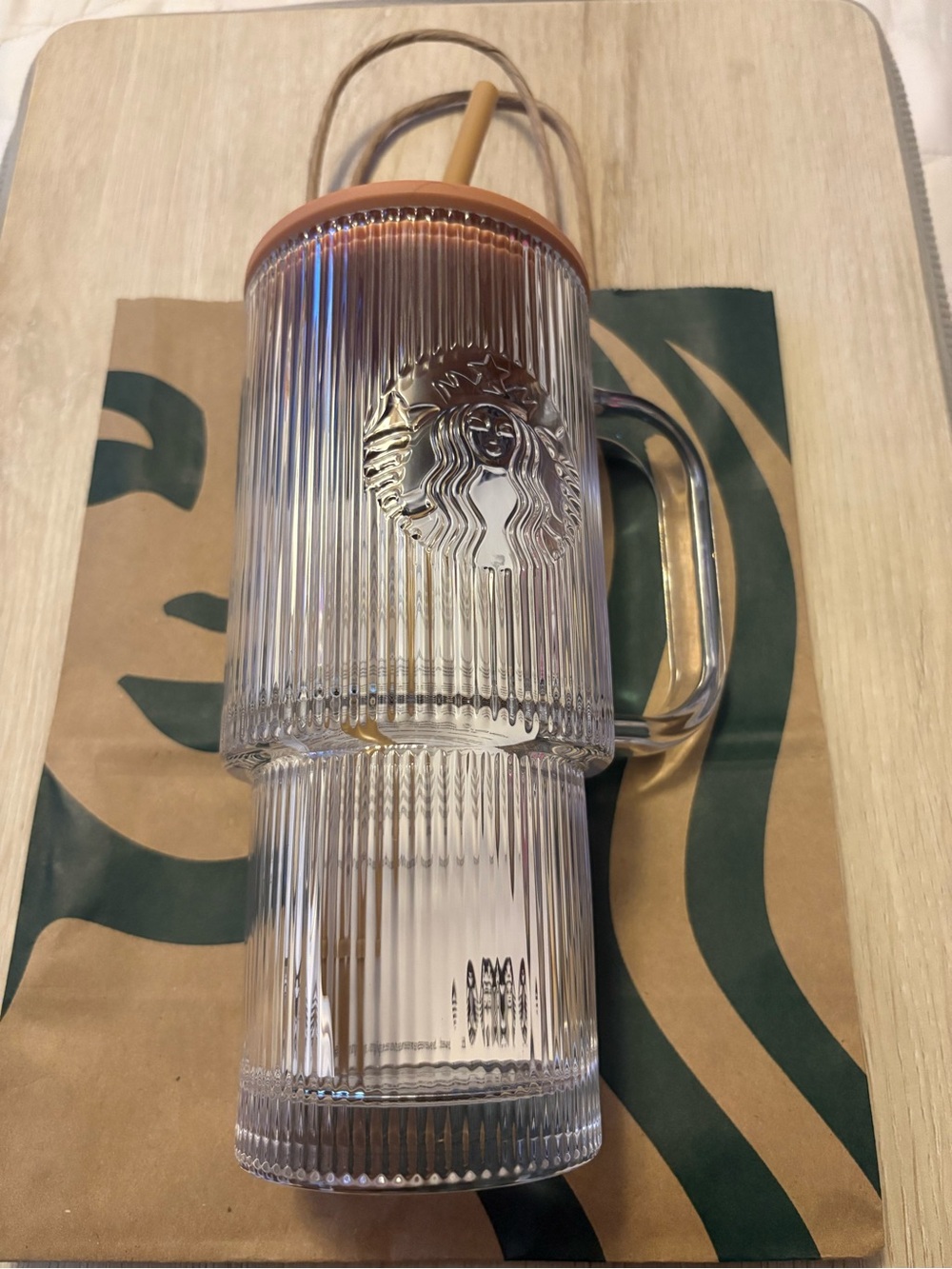 Starbucks Clear Ribbed Double-Wall Glass Tumbler with Amber Lid and Straw
